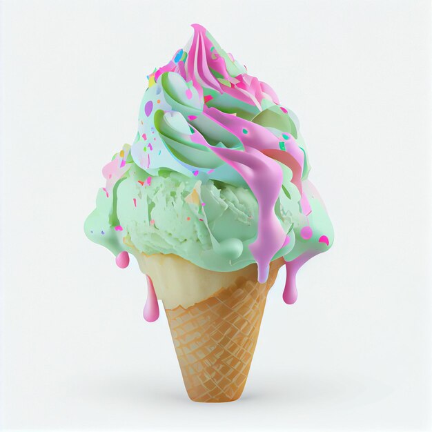 Hay un cono de helado con un remolino rosa y verde generativo ai