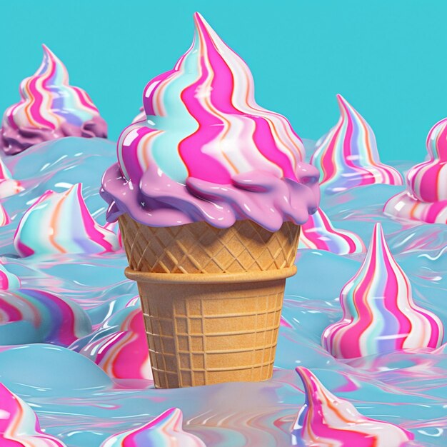 Foto hay un cono de helado con remolinos rosados y azules en él