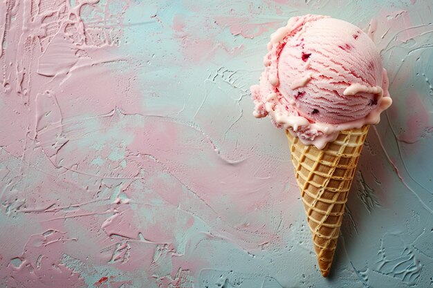 Foto hay un cono de helado rosado con un fondo rosado generativo ai