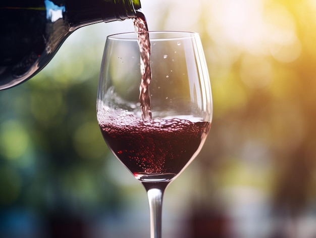 Hay una copa de vino llena de vino tinto que se vierte ai generativo