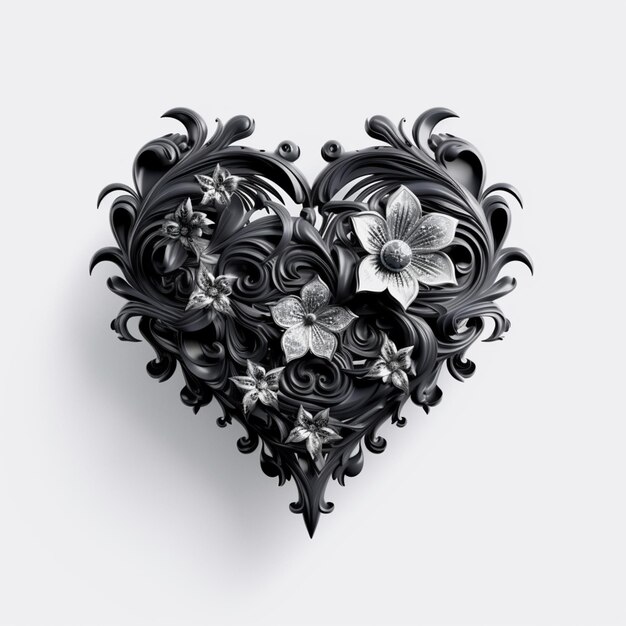 hay un corazón blanco y negro con flores en él generativo ai