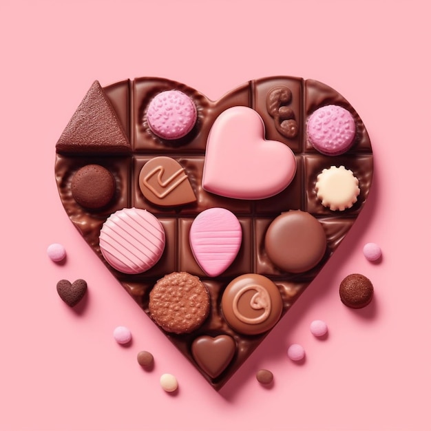 hay un corazón de chocolate con muchos tipos diferentes de chocolates ai generativo