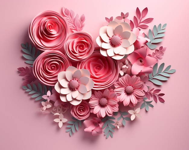 hay un corazón hecho de flores de papel en un fondo rosa generativo ai