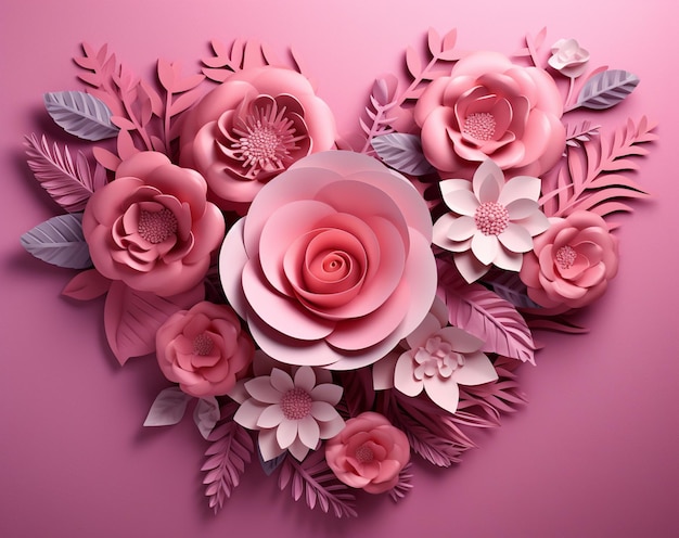 hay un corazón hecho de flores de papel en un fondo rosa generativo ai