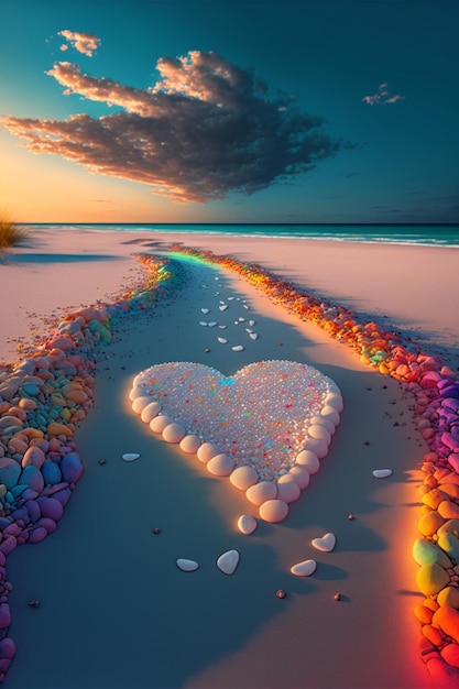 Hay un corazón hecho de flores en la playa ai generativo