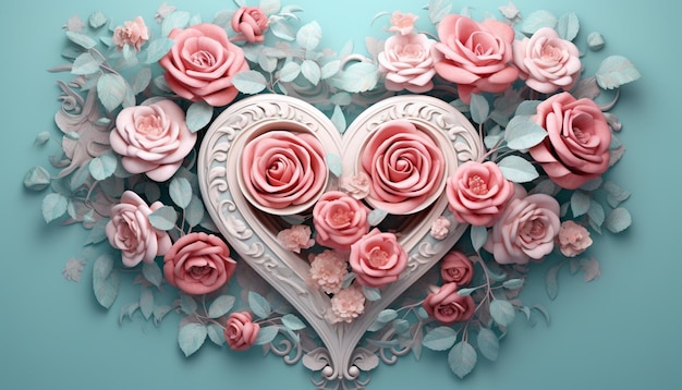 Hay un corazón hecho de rosas rosadas y hojas sobre un fondo azul generativo ai
