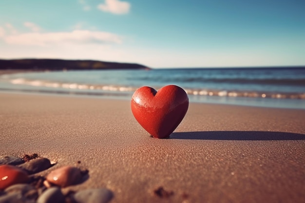 hay un corazón rojo en la arena de la playa ai generativo