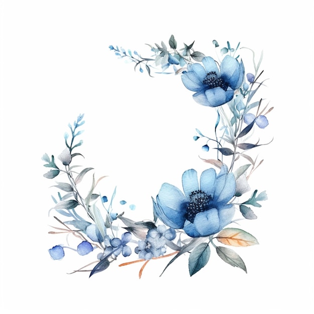 Hay una corona de flores azules con hojas y flores ai generativo.