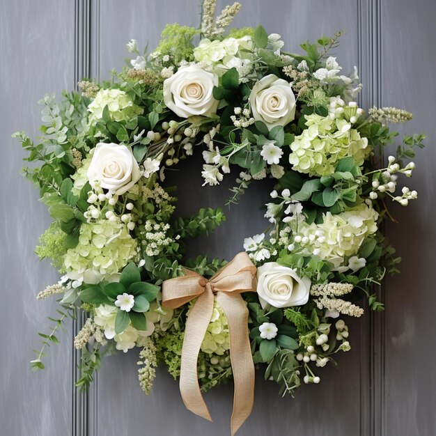 hay una corona con flores blancas y hojas verdes en una puerta ai generativo