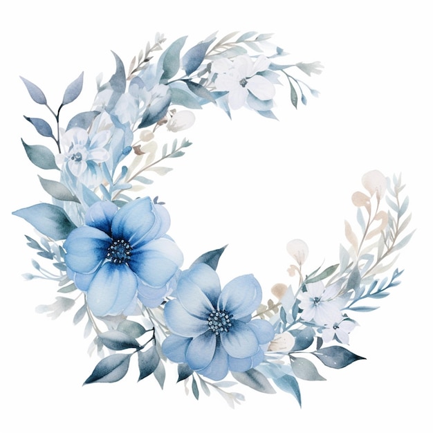 hay una corona de flores y hojas azules sobre un fondo blanco ai generativo