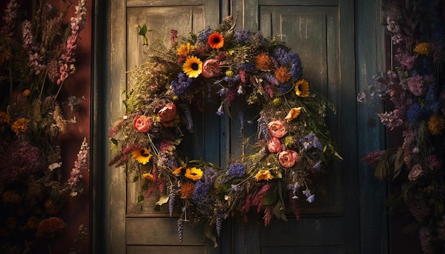 Hay una corona de flores en una puerta en una habitación generativa ai