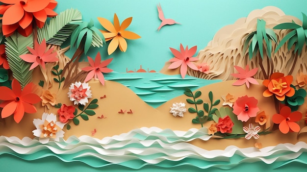 Hay un corte de papel de una escena tropical con flores y pájaros generativo ai