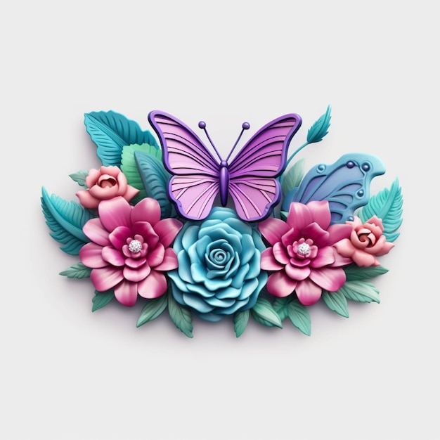 Foto hay un corte de papel de una mariposa y flores generativas ai