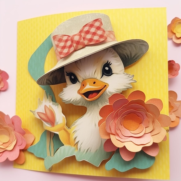 hay un corte de papel de un pato con sombrero y sosteniendo una flor ai generativa