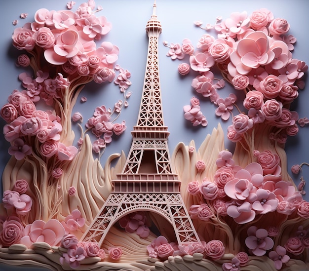 Hay un corte de papel de una torre Eiffel con flores rosas generativa ai