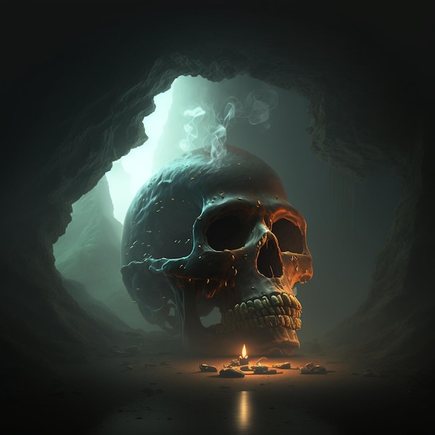Hay un cráneo en el medio de una cueva con una vela generativa ai