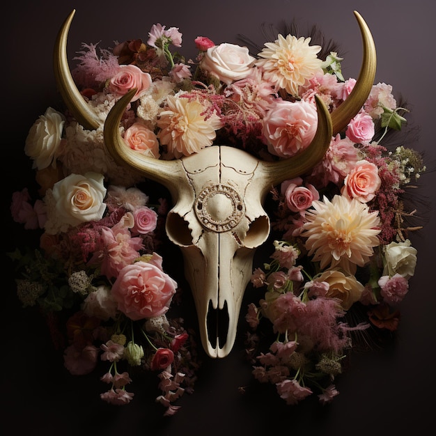 Foto hay un cráneo de toro con cuernos y flores ai generativo