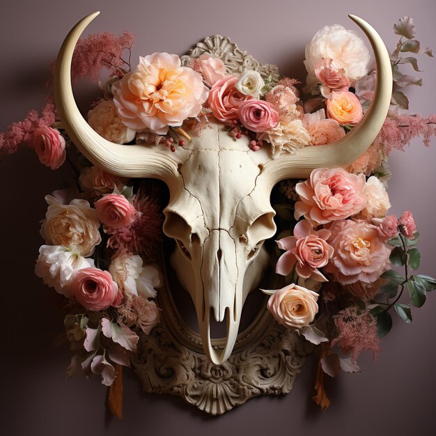 Foto hay un cráneo de toro con flores en la cabeza ai generativo