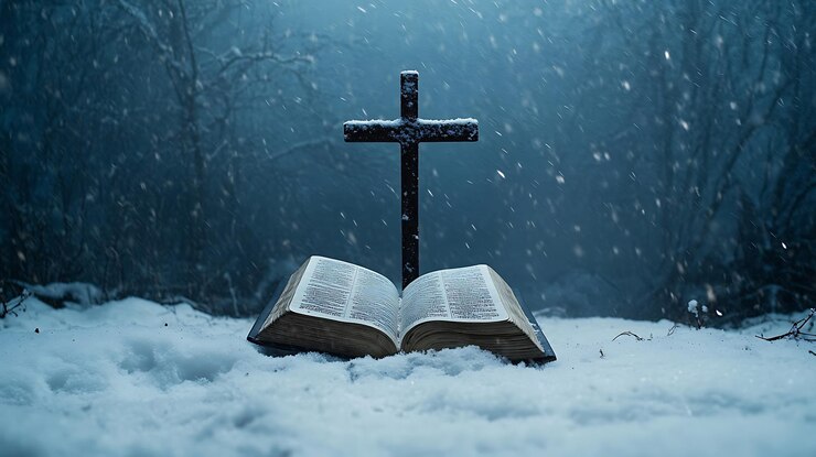hay una cruz en una colina nevada con un libro