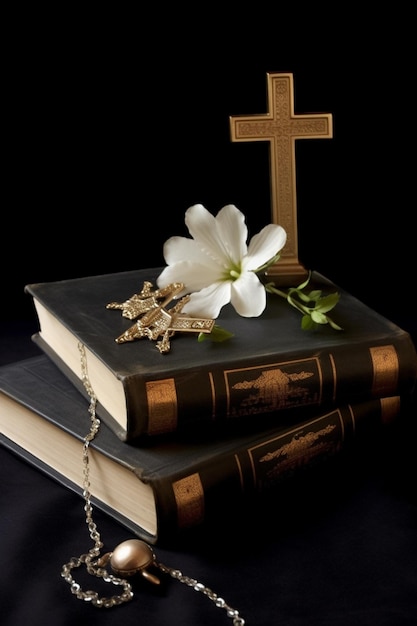 hay una cruz encima de un libro con un rosario y un rosario ai generativo