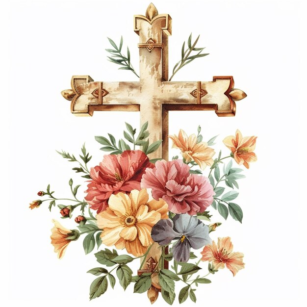 Foto hay una cruz con flores y una cinta en ella generativo ai