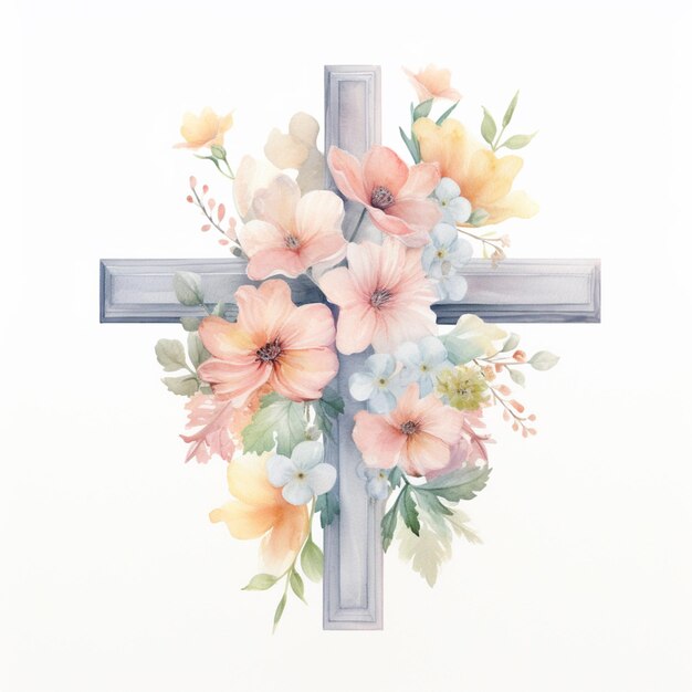 hay una cruz con flores en ella y una cruz en el lado generativo ai