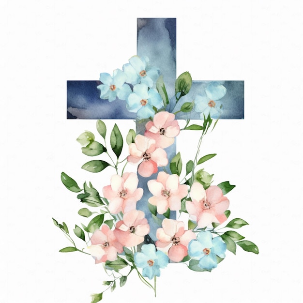 Foto hay una cruz con flores y hojas en ella generativa ai