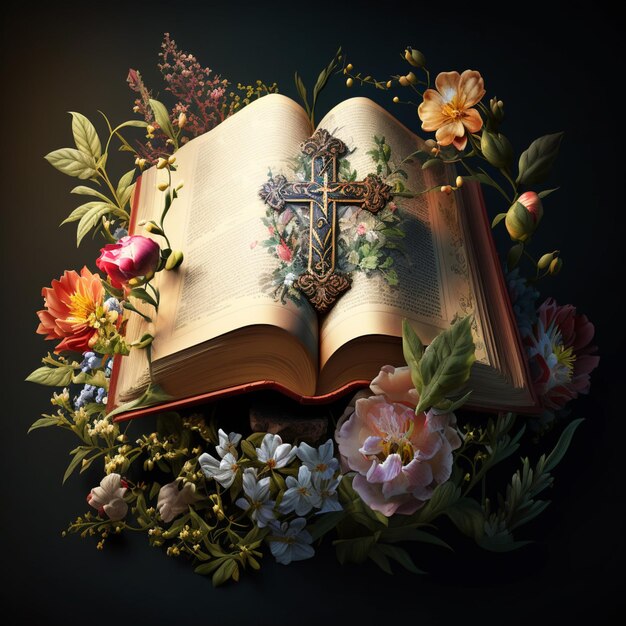 hay una cruz en un libro rodeado de flores generativ ai