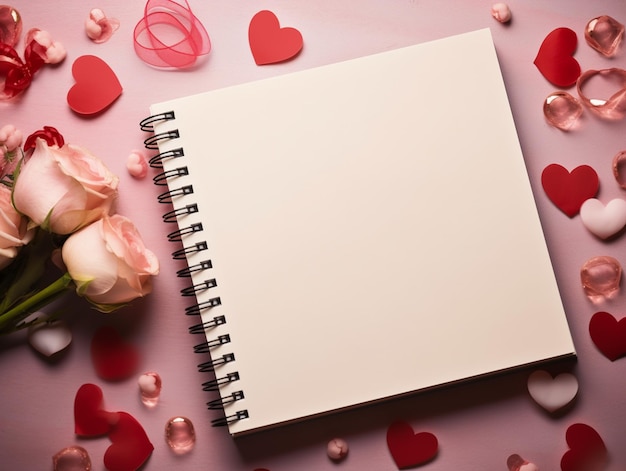 Hay un cuaderno blanco con tapa de espiral y un ramo de rosas rosadas ai generativo.