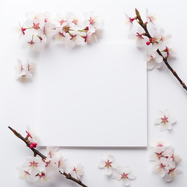 hay un cuadrado blanco con flores en él y una hoja blanca generativa ai