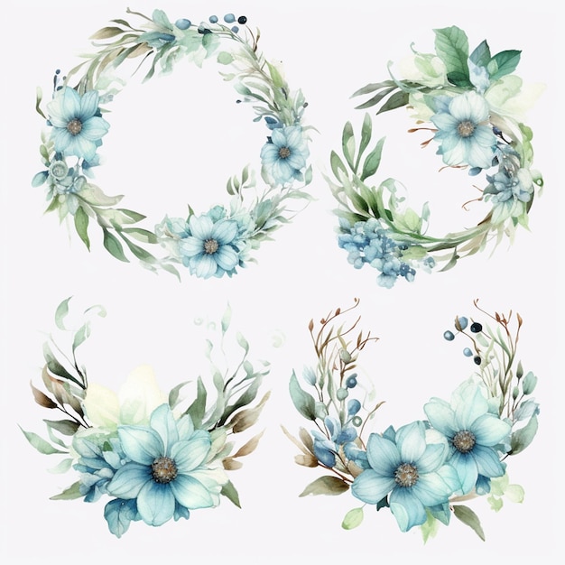 Hay cuatro diseños florales diferentes con flores azules en ellos ai generativo