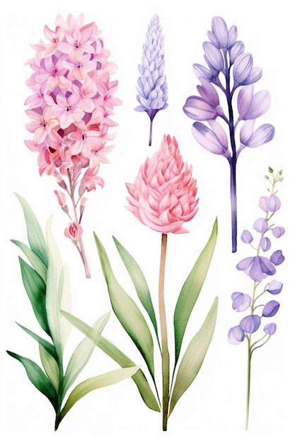 hay cuatro flores diferentes que están pintadas en acuarela ai generativa