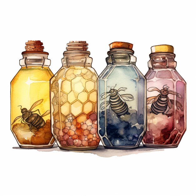 Foto hay cuatro frascos con diferentes tipos de comida en ellos generativo ai