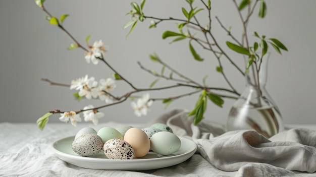 hay cuatro huevos en un plato con un jarrón de flores generativo ai