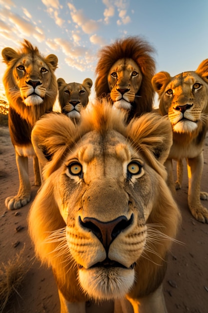 Hay cuatro leones caminando juntos en el desierto generativo ai