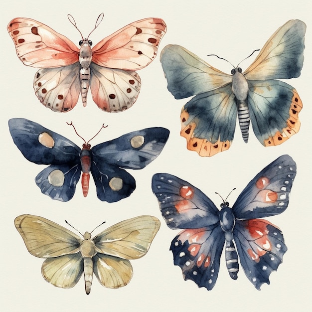 Foto hay cuatro mariposas diferentes pintadas en acuarela sobre un fondo blanco generativo ai