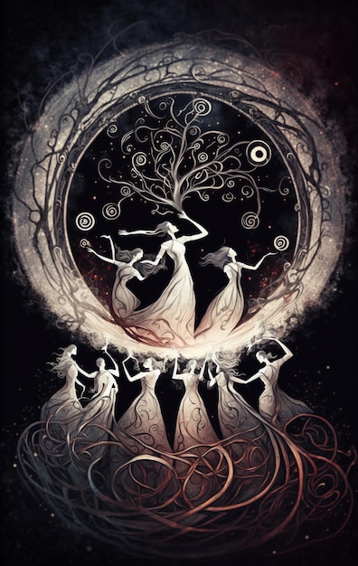 hay cuatro mujeres en un círculo con un árbol al fondo ai generativa