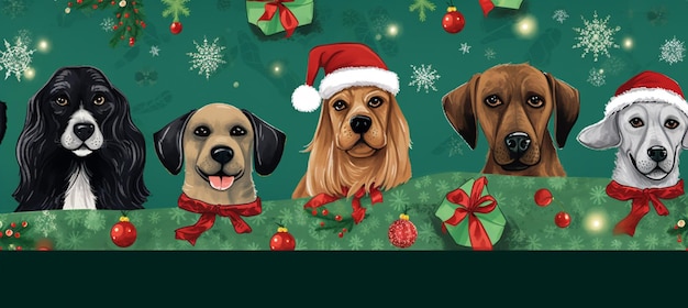 hay cuatro perros con gorros de Papá Noel y lazos sobre un fondo verde ai generativo