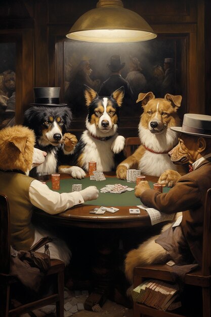 Foto hay cuatro perros sentados en una mesa jugando a las cartas con un hombre ai generativo