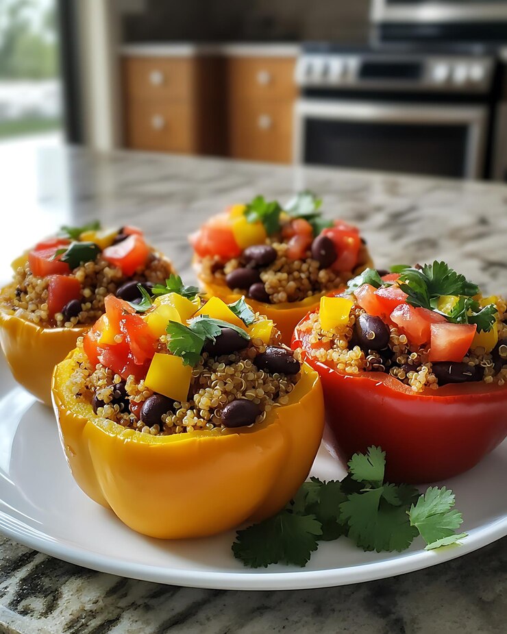 hay cuatro pimientos rellenos en un plato con una guarnición de corian