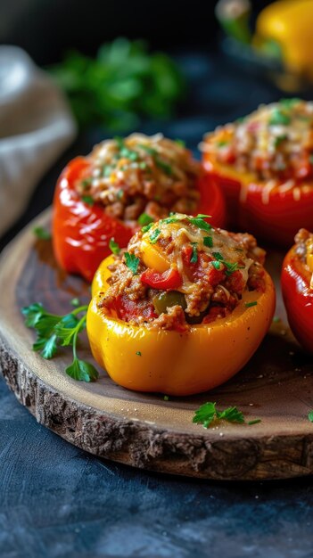 Hay cuatro pimientos rellenos en un plato de madera con perejil