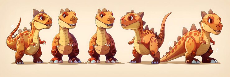 Hay cuatro tipos diferentes de dinosaurios de pie en una fila