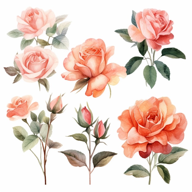 hay cuatro tipos diferentes de rosas en el fondo blanco ai generativo
