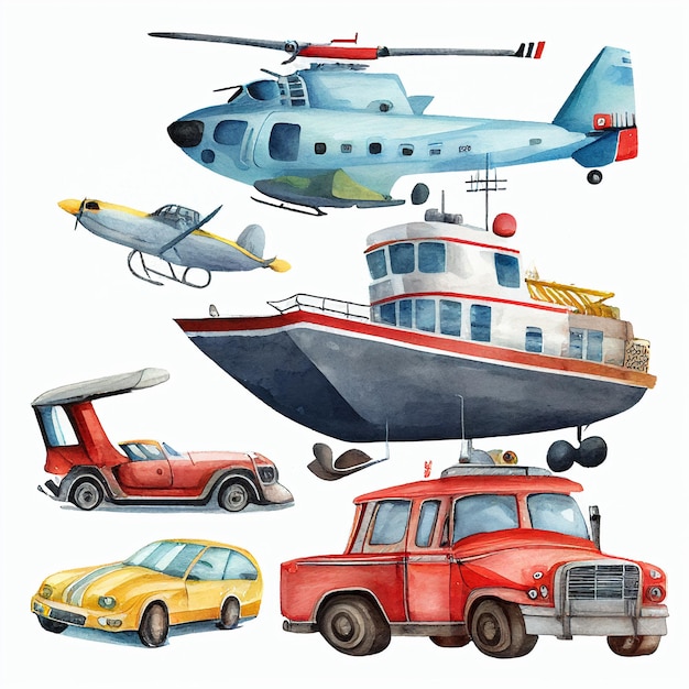 Hay cuatro tipos diferentes de vehículos y un helicóptero ai generativo.