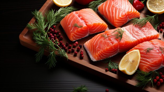 hay cuatro trozos de salmón en una tabla de cortar con limones y pimienta ai generativo