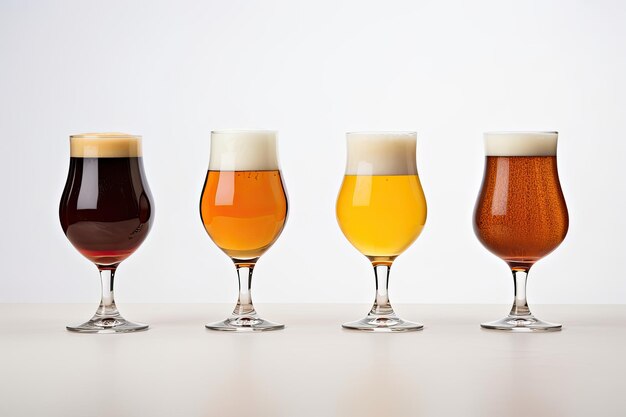 Hay cuatro vasos que muestran varios tipos de cervezas colocados sobre un fondo blanco liso La imagen