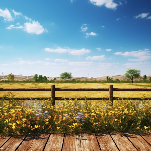 hay una cubierta de madera con una valla y flores en el campo generativo ai