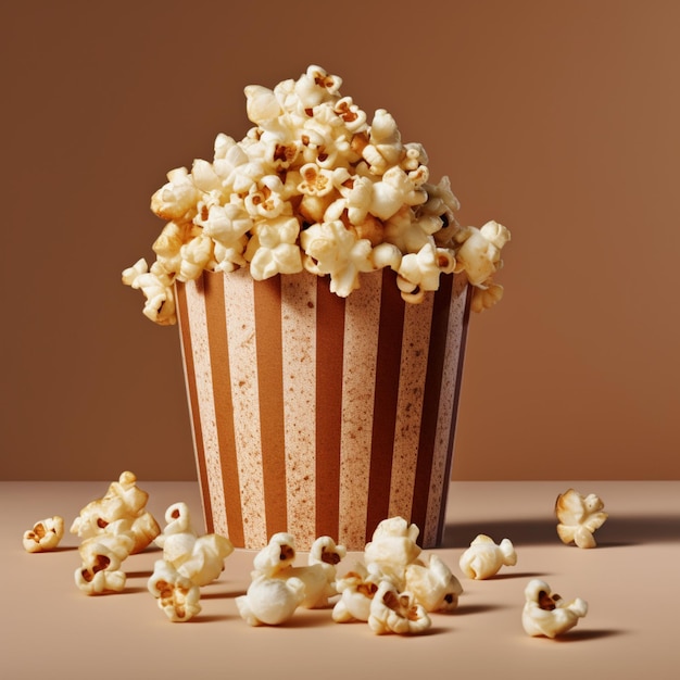 Hay un cubo de palomitas de maíz sentado en una mesa con un montón de palomites de maíz esparcidas a su alrededor generativo ai