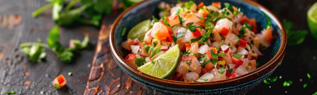 Hay un cuenco de comida con algunas verduras y limas.