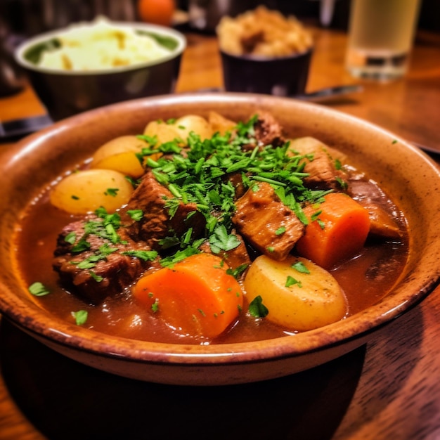 Hay un cuenco de estofado con zanahorias y patatas en una mesa generativa ai